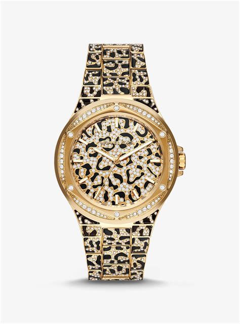 michael kors oversized lennox animal pavé gold-tone watch|lennox pave gold tone.